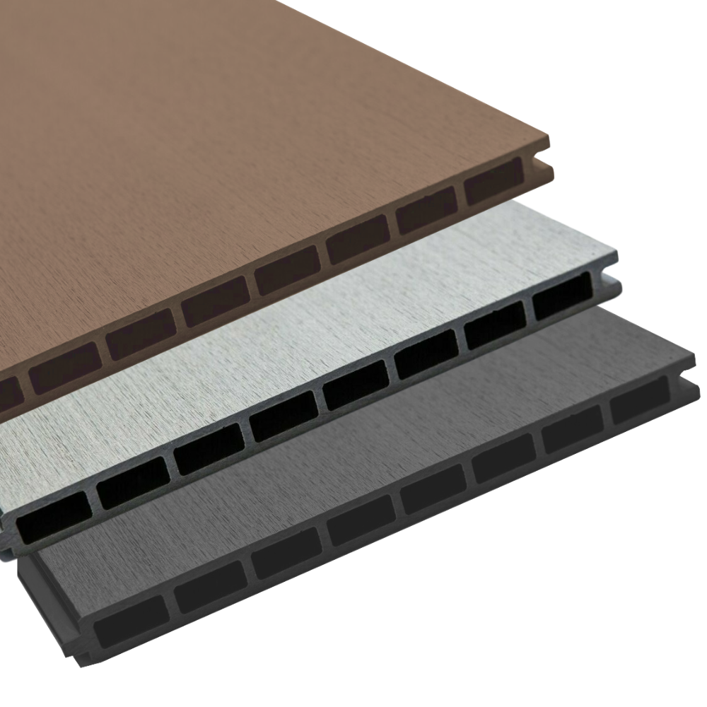 WPC Zaunbretter Profil XL in den Farben Anthrazit, Grau und Braun – extrabreite Bretter im modernen Design.