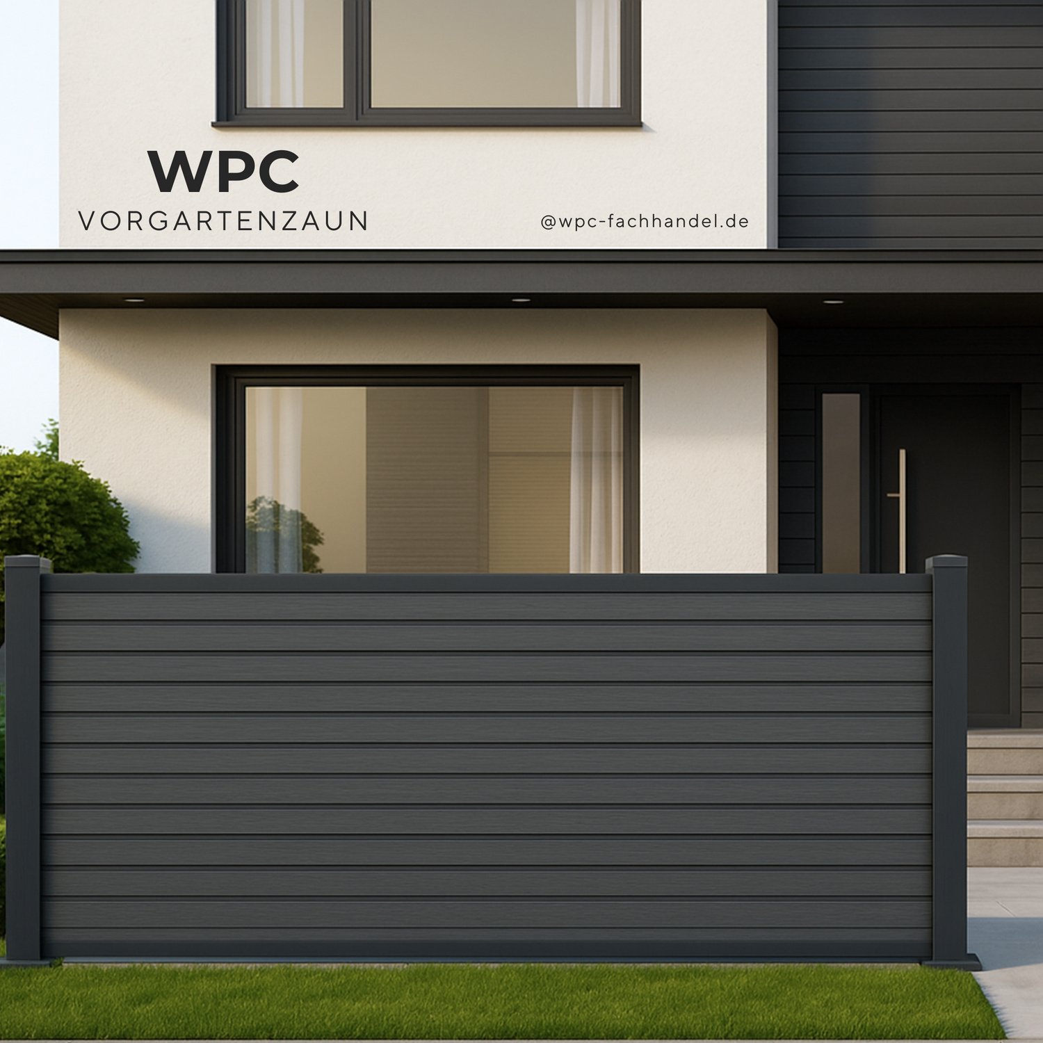 Moderner WPC Vorgartenzaun vor einem neuen Wohnhaus als Abtrennung zur Straße