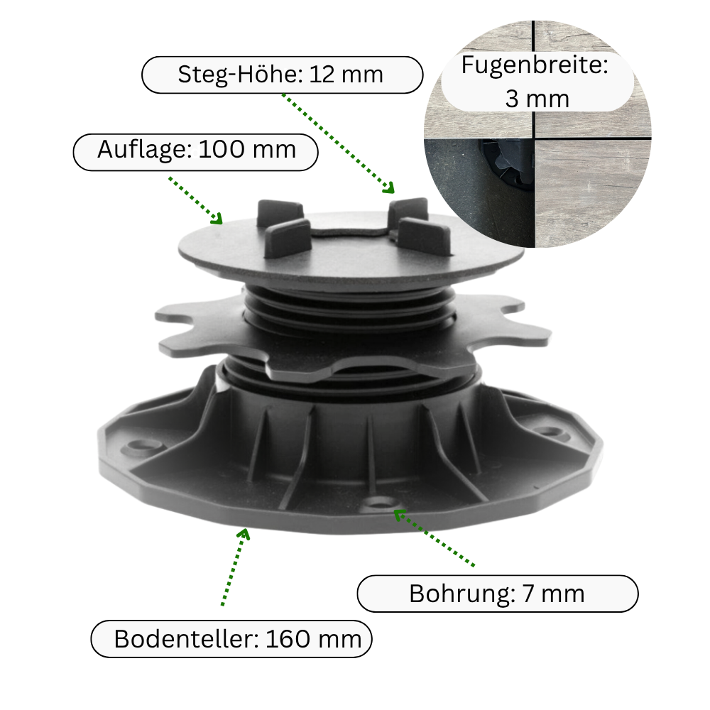 Maße Plattenlager für Terrassenfliesen - Technische-Zeichnung