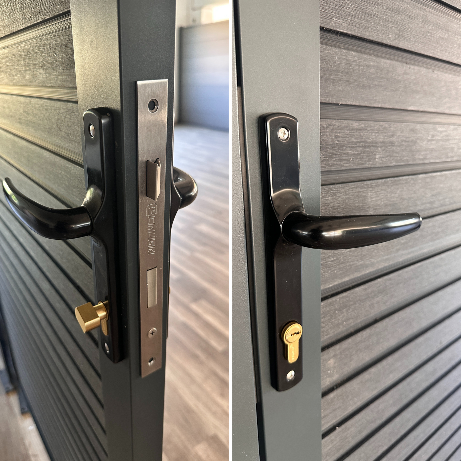 Türdrücker Set in Schwarz mit Einsteckschloss für Gartentor aus Aluminium und WPC