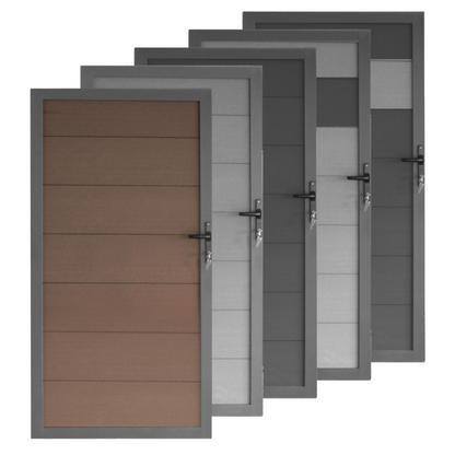 WPC Gartentor Profil XL in Anthrazit, Braun, Grau oder Bicolor – mit Aluminium-Rahmen in RAL7016 Anthrazit, als Komplettset für Sichtschutzzaun.
