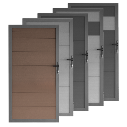 WPC Gartentor Profil XL in Anthrazit, Braun, Grau oder Bicolor – mit Aluminium-Rahmen in RAL7016 Anthrazit, als Komplettset für Sichtschutzzaun.