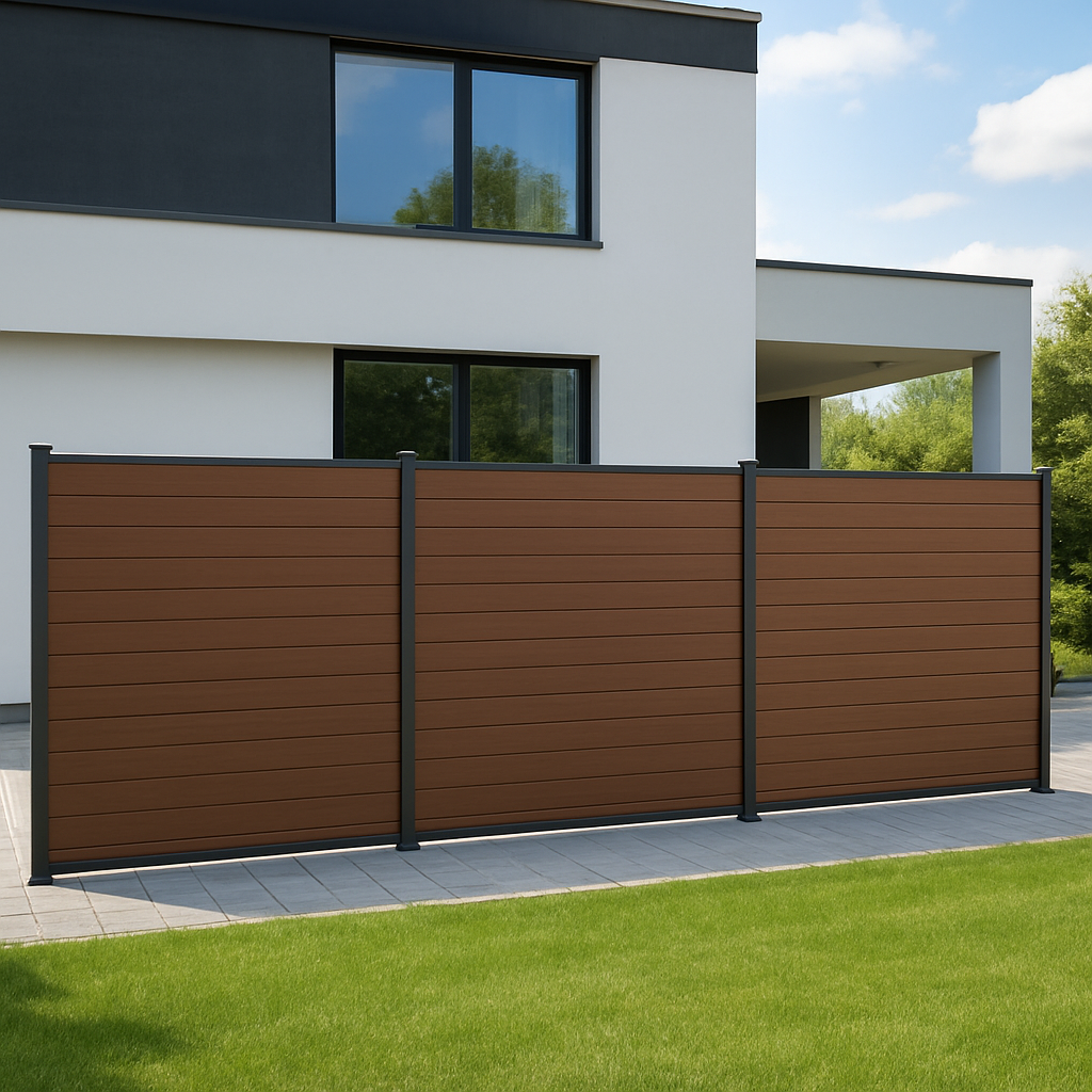 WPX Zaun Profil Xl von WPC-Fachhandel.de im Garten eines Neubau. Farbe des Zauns Braun. Sehr hochwertige Ausführung.